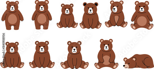Cute bear cub character set in multiple sitting standing and sleeping poses, simple brown cartoon animal vector illustration for children designs