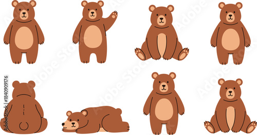 Cute brown bear cartoon character set showing front back sitting smiling waving and sleeping poses, friendly animal vector illustration collection
