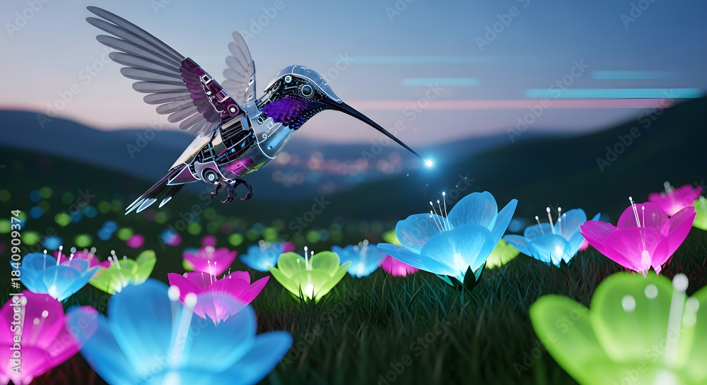 Naklejka premium Futuristic Robotic Hummingbird Pollinating Glowing Neon Flowers