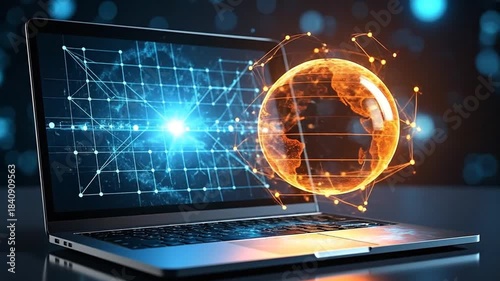 Laptop Displaying Global Network Connection and Data Visualization