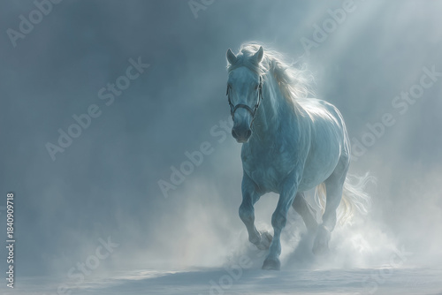 portrait of a white horse in winter mist