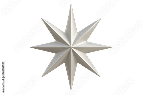 Silver eight-pointed star, 3d render, representing guidance and direction. Isolated object with a transparent background