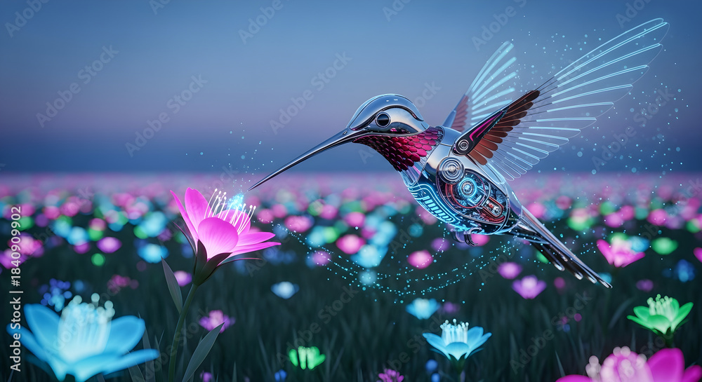 Naklejka premium Futuristic Robot Hummingbird with Glowing Flower - Sci-Fi Nature Concept