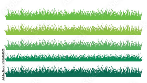 Set of green grass border silhouettes in various shades from light to dark green