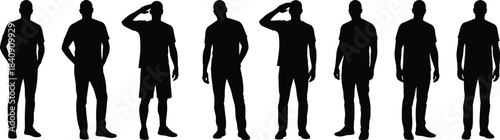 Collection of male human silhouettes in standing casual and military salute poses isolated on white background for character reference and stock illustration use