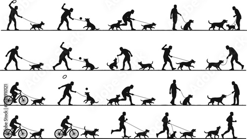 Dog walking and playing silhouette sequence showing man running cycling training and interacting with pet isolated on white background for stock illustration