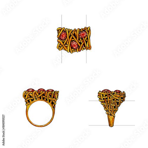 Jewelry design art gold ring with red sapphire by hand drawn.
