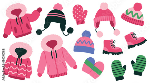 Winter fashion apparel collection, featuring bright jackets, warm hats, and stylish gloves, offering cozy seasonal clothing elements, modern cold-weather outfits,