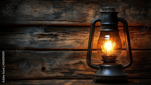 Vintage oil lantern with a warm glow, resting on weathered dark wood planks. Perfect for illustrating rustic themes and providing comforting ambiance.