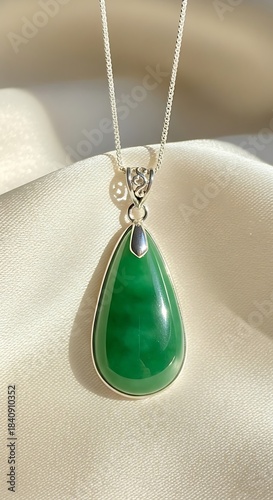 Delicate teardrop-shaped pendant with a vibrant emerald green gemstone, set in a textured silver frame, hangs gracefully on a fine chain.