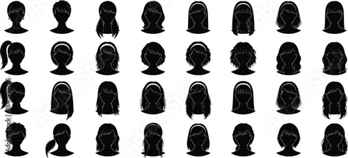 Large collection of female head silhouette avatars with different hairstyles isolated on white background for profile icons character design and digital illustration use