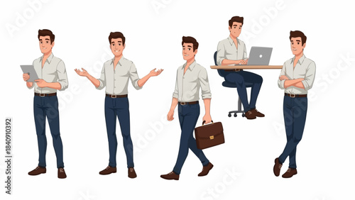 Set of five illustrations of a young businessman in various poses and activities.