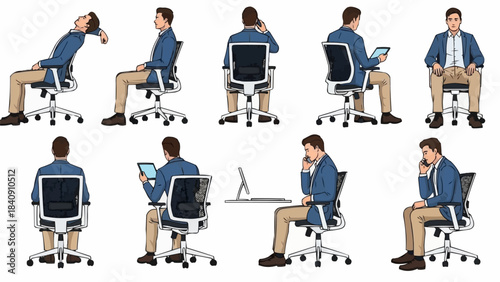 Man sitting in office chair in various poses, working and relaxing.
