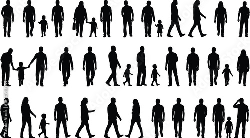 Large collection of male female and child walking silhouettes in family and daily life poses isolated on white background for stock use
