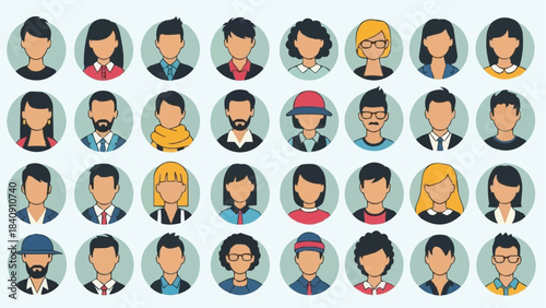 Diverse Collection of Flat Design Avatar Icons Representing Various People.