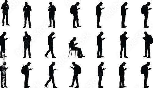 Male smartphone user silhouettes collection showing standing walking sitting texting browsing social media communication technology lifestyle modern digital behavior