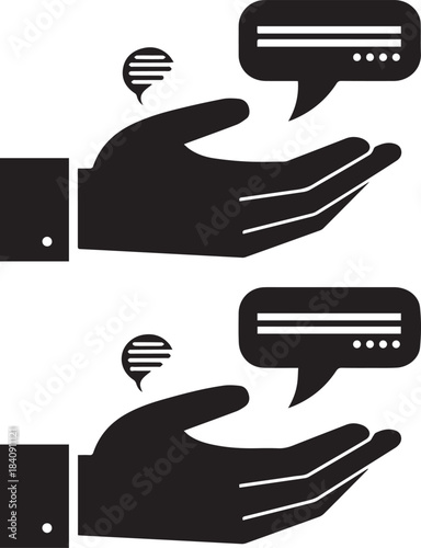 Conversation Held in the Hand: Two stylized hands cradle speech bubbles, symbolizing open communication, discussion, and interactive dialogue. This image speaks to connection.