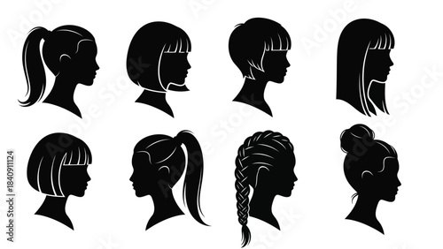 A collection of eight diverse female hairstyle silhouettes, showcasing short, long, braided, and updos