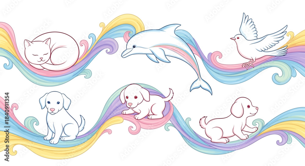Naklejka premium Vibrant rainbow wave illustration featuring flowing pastel lines with small animal accents for whimsical decorative artwork
