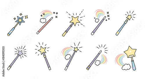 Magic wand icon collection with colorful spark effects for whimsical fantasy-themed decorative design resources