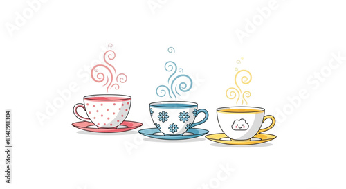 Pastel teacup and mug illustration with elegant steam lines forming a soft decorative beverage-themed design composition