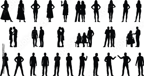 People standing and social interaction silhouettes collection showing men women couples communication relationships teamwork meeting lifestyle isolated on white background