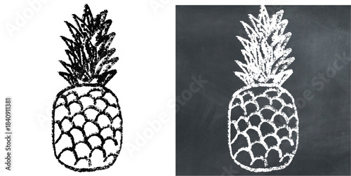 Chalk handdrawn pineapple vector for tropical juice bars and summer menus. Symbolizes sweet flavor, exotic fruit, and hospitality. Ideal for board designs.