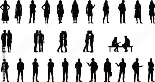 Standing people and couple interaction silhouette set showing men women relationships conversation dating teamwork meeting isolated on white background
