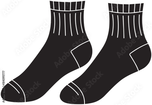Black ankle socks illustration, ribbed cuff design, heel and toe detail, fashion accessory graphic, flat vector art, flat vector illustration