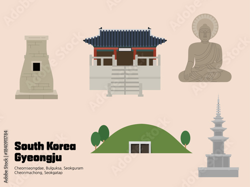 South Korea Gyeongju tourist attractions illustrations