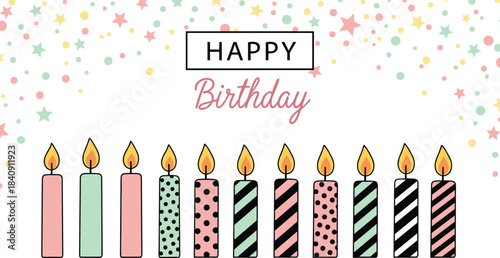 Birthday greeting card design, festive candle illustration, celebratory message art, pastel confetti background, flat vector style, flat vector illustration