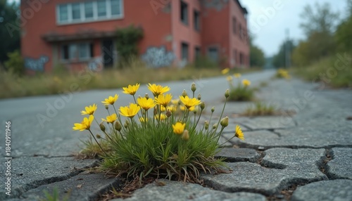 Fototapeta Naklejka Na Ścianę i Meble -  Yellow wildflowers grow through cracks in a worn asphalt path leading to a derelict building. Green grass surrounds the small bright blooms, suggesting nature resilience against and abandonment.