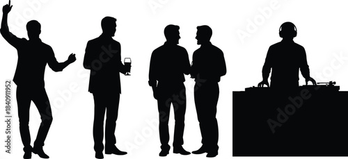 Party scene silhouette, dancing and DJ icons, social gathering illustration, celebration activity set, flat vector art, flat vector illustration