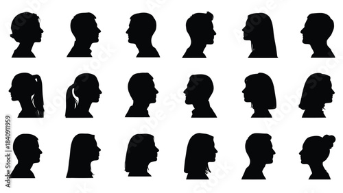 A collection of diverse male and female human head silhouettes shown from the side