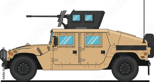Military Humvee side view, desert camouflage, armored vehicle, turret gun, off-road tires, communication antenna, spare tire, flat vector illustration
