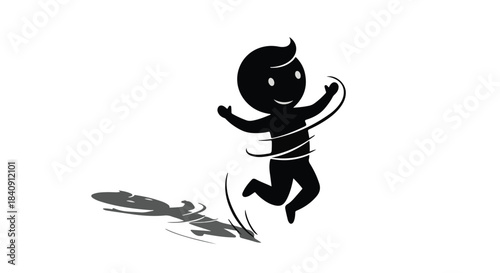 Joyful stick figure character spins rapidly while jumping against a white background.
