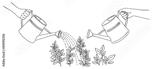 ジョウロで水やりをする手のイラストセット（ガーデニング・植物）,手入れ,育成,庭,シンプル,ベクター