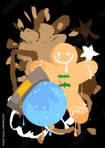 Snow Globe and Gingerbread Man Christmas Cookie graffiti. Abstract modern street art decoration performed in urban painting style.