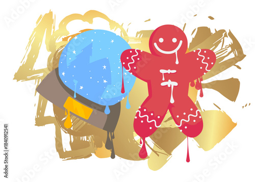 Snow Globe and Gingerbread Man Christmas Cookie graffiti. Abstract modern street art decoration performed in urban painting style.