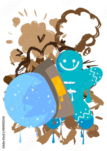 Snow Globe and Gingerbread Man Christmas Cookie graffiti. Abstract modern street art decoration performed in urban painting style.