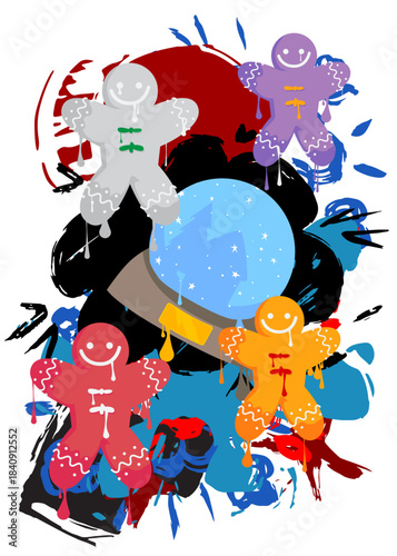Snow Globe and Gingerbread Man Christmas Cookie graffiti. Abstract modern street art decoration performed in urban painting style.