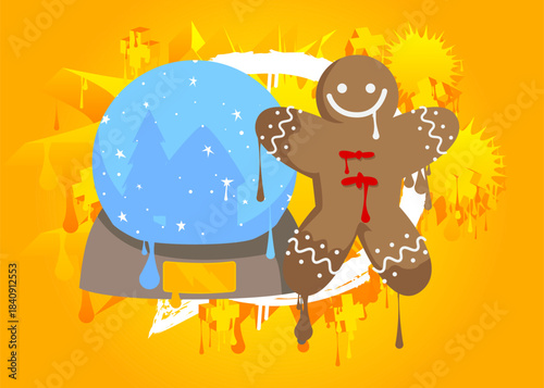 Snow Globe and Gingerbread Man Christmas Cookie graffiti. Abstract modern street art decoration performed in urban painting style.