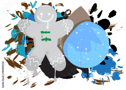 Snow Globe and Gingerbread Man Christmas Cookie graffiti. Abstract modern street art decoration performed in urban painting style.