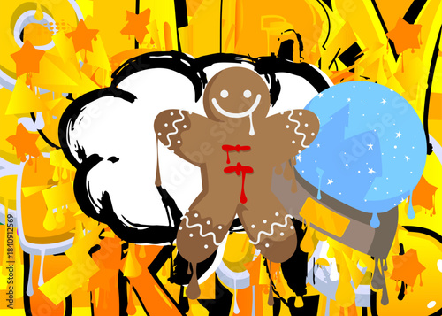 Snow Globe and Gingerbread Man Christmas Cookie graffiti. Abstract modern street art decoration performed in urban painting style.