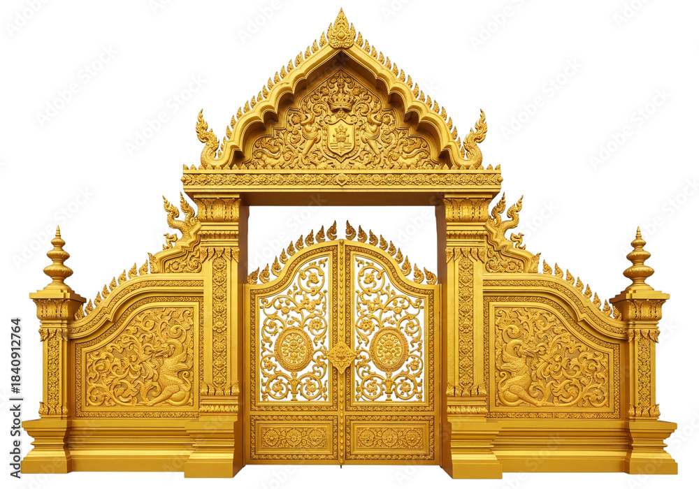 Fototapeta premium Luxurious ornate golden gate and majestic archway featuring intricate traditional thai architectural details and elaborate carvings isolated on transparent background