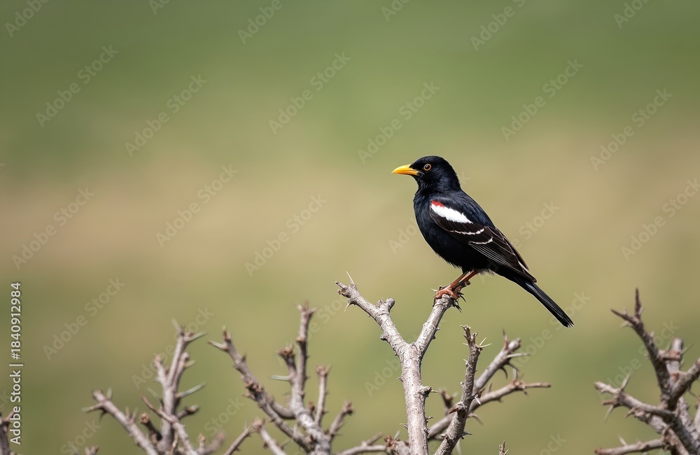 Fototapeta premium Male black bird with orange beak and white wing patch sits on thorny branch. Blurred green background suggests arid prairie habitat. Bird looks alert.