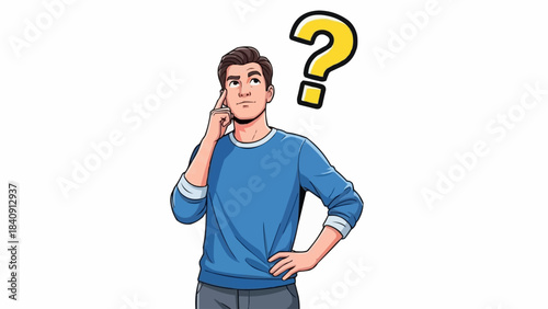 Thoughtful Young Man with Question Mark Above Head Pondering a Problem.