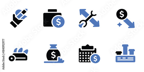 Set of eight modern flat icons representing financial concepts and business services
