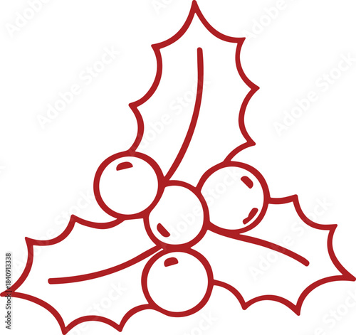 Christmas Holly Berries Outline – Isolated on Transparent Background Red Line Art Holiday Plant Vector Illustration