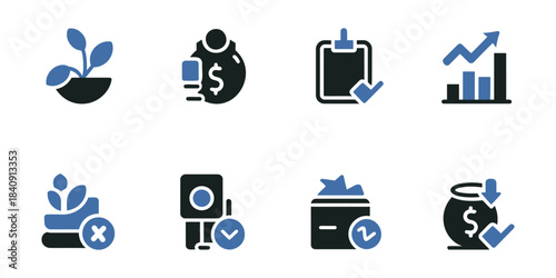 Set of icons representing financial growth business success and investment opportunities